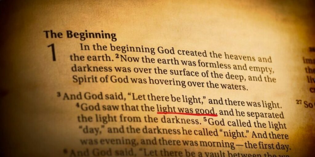 Bible verse on creation with 'light was good' underlined, symbolizing hope with ADHD intrusive thoughts.