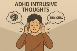 Illustration of a man holding his head with text ADHD Intrusive Thoughts.