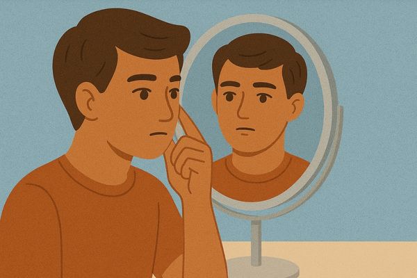 Man looking at his reflection in mirror, symbolizing what does self awareness mean.
