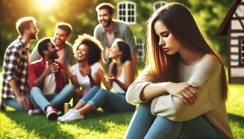 Young woman sitting alone while a group interacts in the background, reflecting "I Haven’t Seen You in a While."