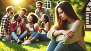 Young woman sitting alone while a group interacts in the background, reflecting "I Haven’t Seen You in a While."