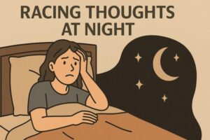 Woman in bed looking worried with text Racing Thoughts at Night.