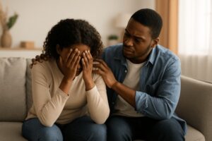 Husband comforting exhausted wife on couch, symbolizing ADHD Spouse Burnout