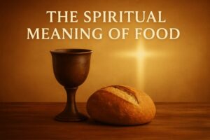 Chalice of wine and loaf of bread with glowing cross, symbolizing the Spiritual Meaning of Food
