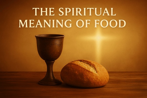 Chalice of wine and loaf of bread with glowing cross, symbolizing the Spiritual Meaning of Food