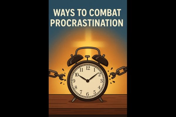 Alarm clock with broken chains and text Ways to Combat Procrastination.