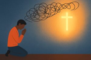 Person praying as intrusive thoughts fade into a glowing cross, symbolizing Managing Intrusive Thoughts with Faith