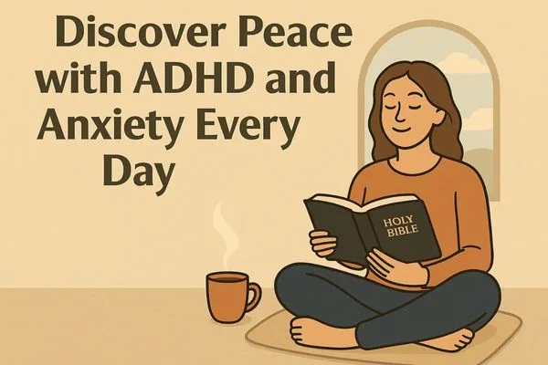 Woman reading the Holy Bible with a cup of tea, text says Discover Peace with ADHD and Anxiety Every Day.