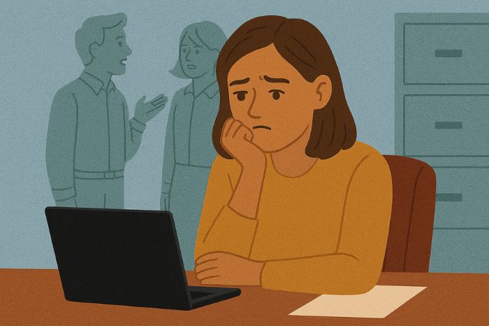 Anxious worker showing fear of speaking up at work.