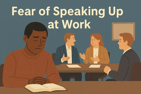 Fear of Speaking Up at Work illustration with silent employee in a meeting