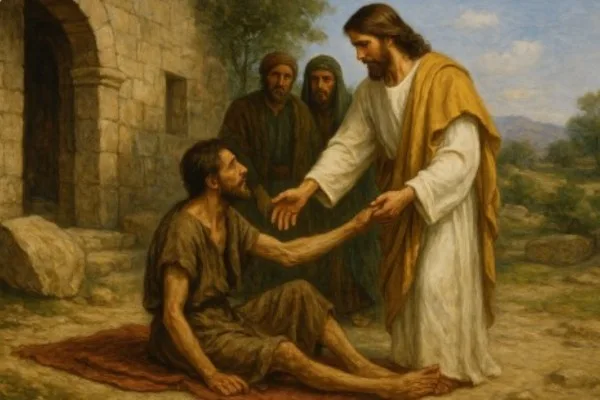 Jesus offering healing to a man at Bethesda, symbolizing overcoming obstacles in the Bible through faith and restoration in John 5.