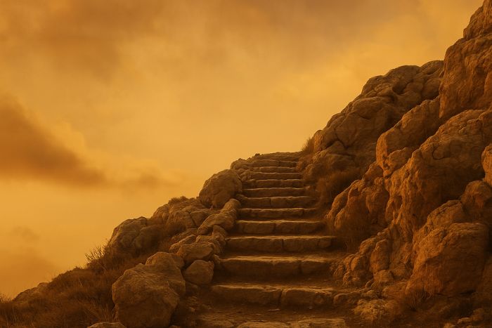 Stone staircase at sunrise symbolizing overcoming obstacles in the Bible, inspired by John 5 lessons of faith and healing.