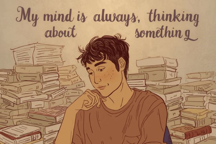 3 Brutal Realities When My Mind Is Always Thinking About Something Illustration of a thoughtful young man surrounded by stacks of books, reflecting the feeling of “my mind is always thinking about something.”