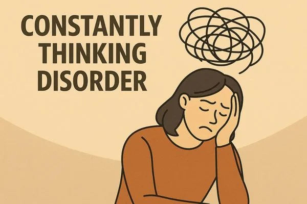 Woman overwhelmed by tangled thoughts with text Constantly Thinking Disorder.